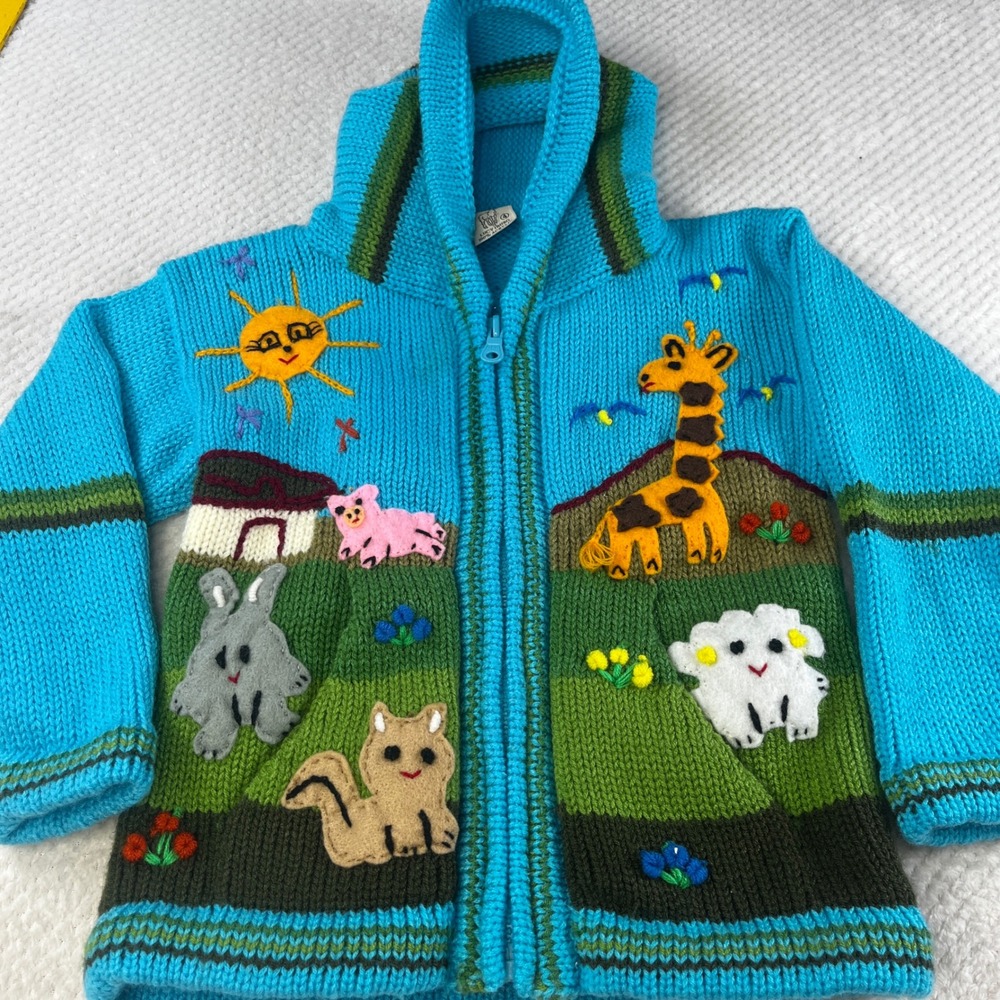 Lucy Iburg Kids Blue Knit Animal Applique Full Zip Hoodie Sweater Size 4